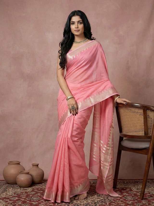 Coral Pink Color Blended Cotton Woven Designer Ceremonial Sober Looks Saree