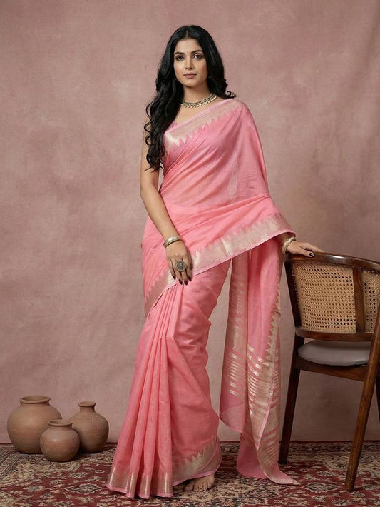 Coral Pink Color Blended Cotton Woven Designer Ceremonial Sober Looks Saree