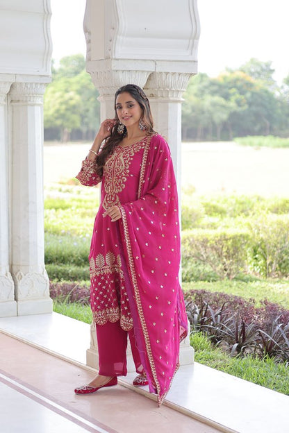 Pink Color Faux Georgette Fabric Sequins Embroidered Wedding Ceremonial Sharara Suit