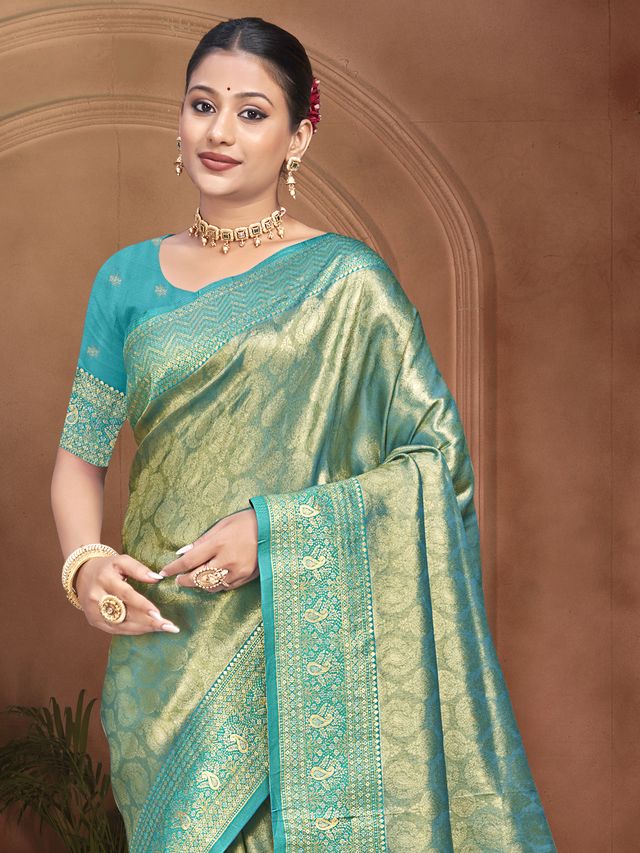 Deep Teal Color Kanjivaram Silk Fabric Woven Designer Graceful Partywear Saree