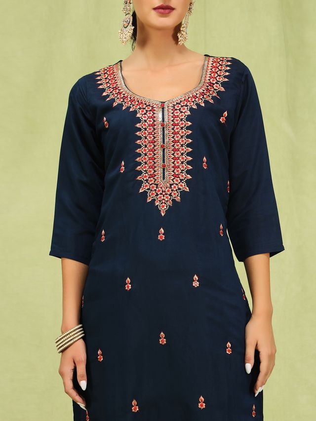 Blue Color Viscose Roman Silk Fabric Designer Embroidery Work Sophisticated Girlie Salwar Kameez