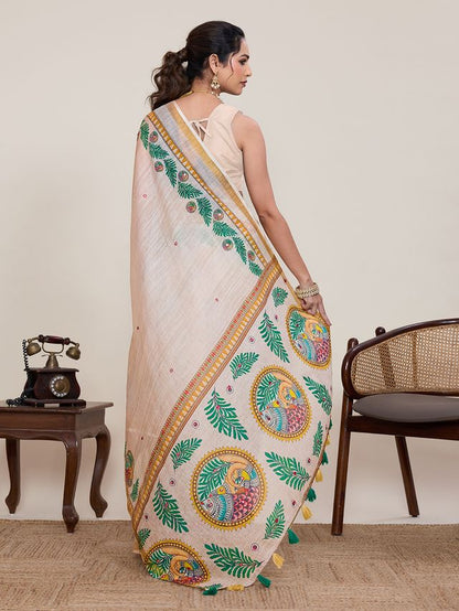 Cream Color Linen Silk Fabric Ethnic Partywear Saree