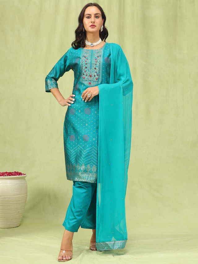 Rama Color Silk Blend Fabric Designer Embroidered Suit