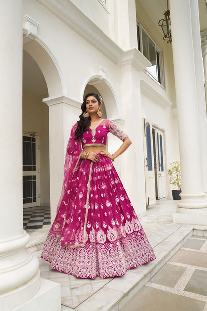 Dark Pink Heavy Embroidery Net Semi Stitch A Line Lehenga With Blouse
