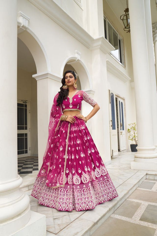 Dark Pink Heavy Embroidery Net Semi Stitch A Line Lehenga With Blouse