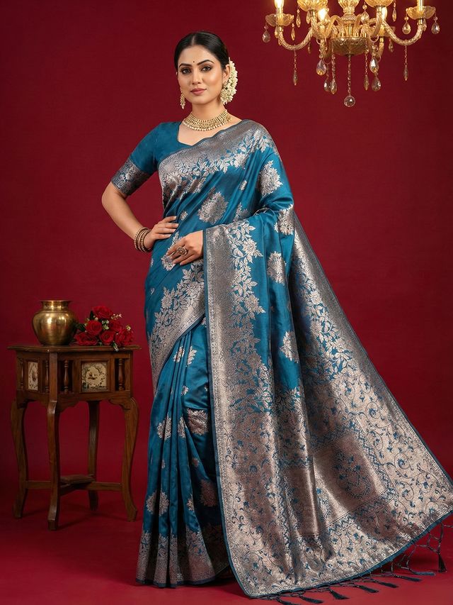 Teal Blue Color Beautiful Silk Blend Fabric Woven Designer Ethnic Ceremonial Saree