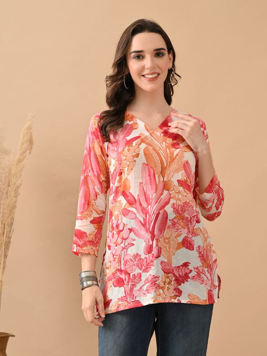 Pink Color Cambric Cotton Fabric Designer Printed Formal Short Kurta