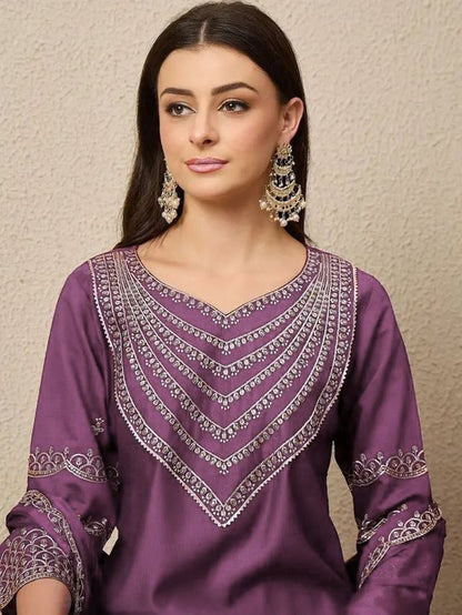 Purple Color Roman Silk Fabric Beautiful Festive Wear Salwar Kameez
