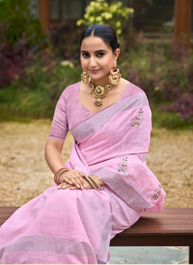 Baby Pink Color Beautiful Linen Fabric Sophisticated Ethnic Saree