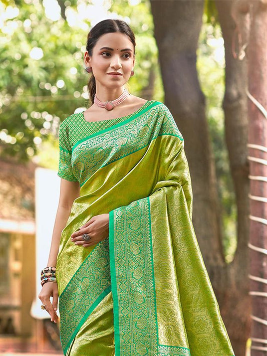Olive Color Kanjivaram Silk Ethnic Fancy Meenakari Designer Saree