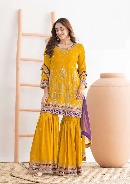 Yellow Color Graceful Embroidered Chinon Fabric Sharara Dress