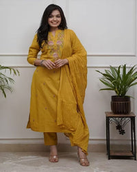 Mustard Color Ethnic Cotton Silk Fabric Readymade Kurta Set With Dupatta