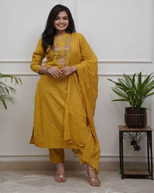 Mustard Color Ethnic Cotton Silk Fabric Readymade Kurta Set With Dupatta