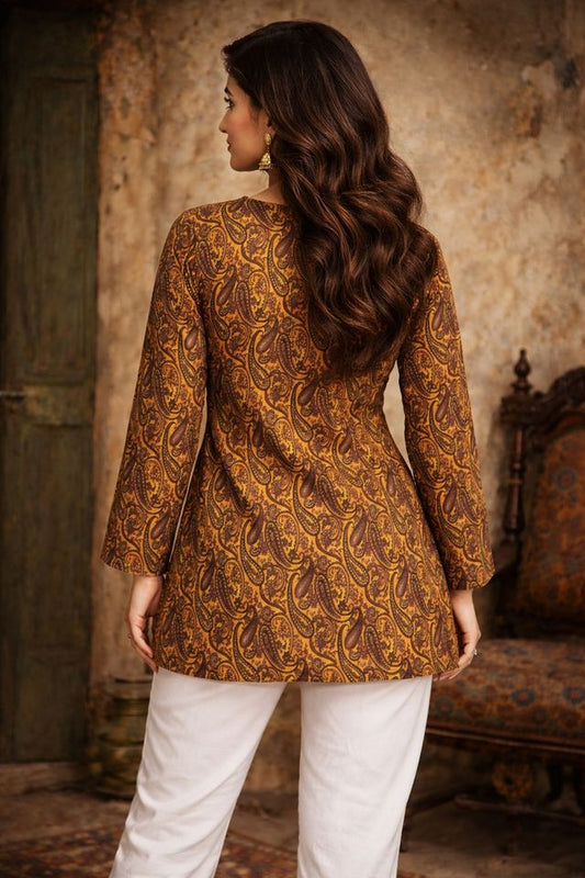 Orange Color Designer Digital Printed Muslin Fabric Foral Ethnic Kurta