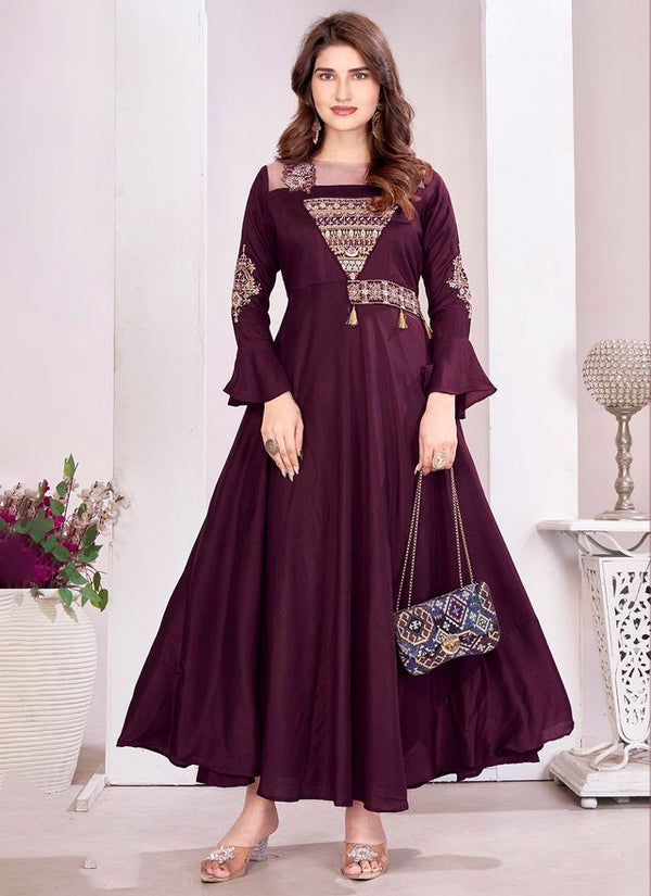 Wine Color Beautiful Embroidered Ceremonial Gown For Classy Looks