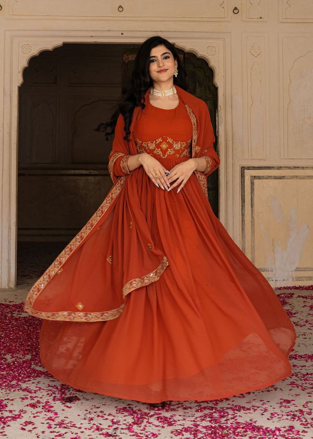 Orange Color Georgette Fabric Designer Embroidered Partywear Gown For Girlie Looks