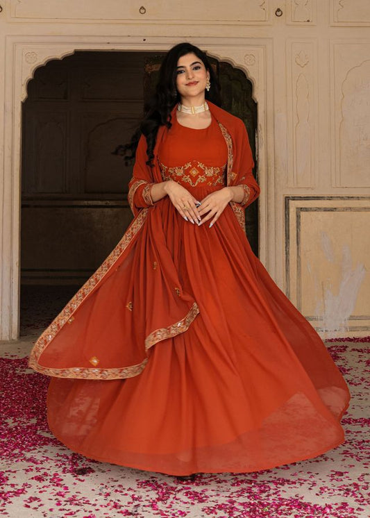 Orange Color Georgette Fabric Designer Embroidered Partywear Gown For Girlie Looks