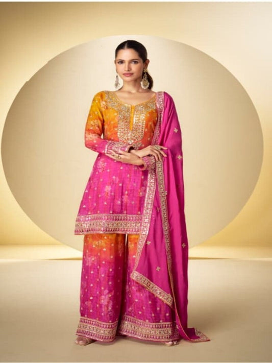Heavy Chinon Silk Full Stitched Free size Upto 42 Gharara Suits