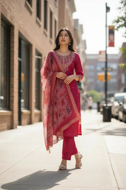 Women's Beautiful Chanderi Silk Fabric Embroidery Work Straight Kurta Pant and Dupatta Set
