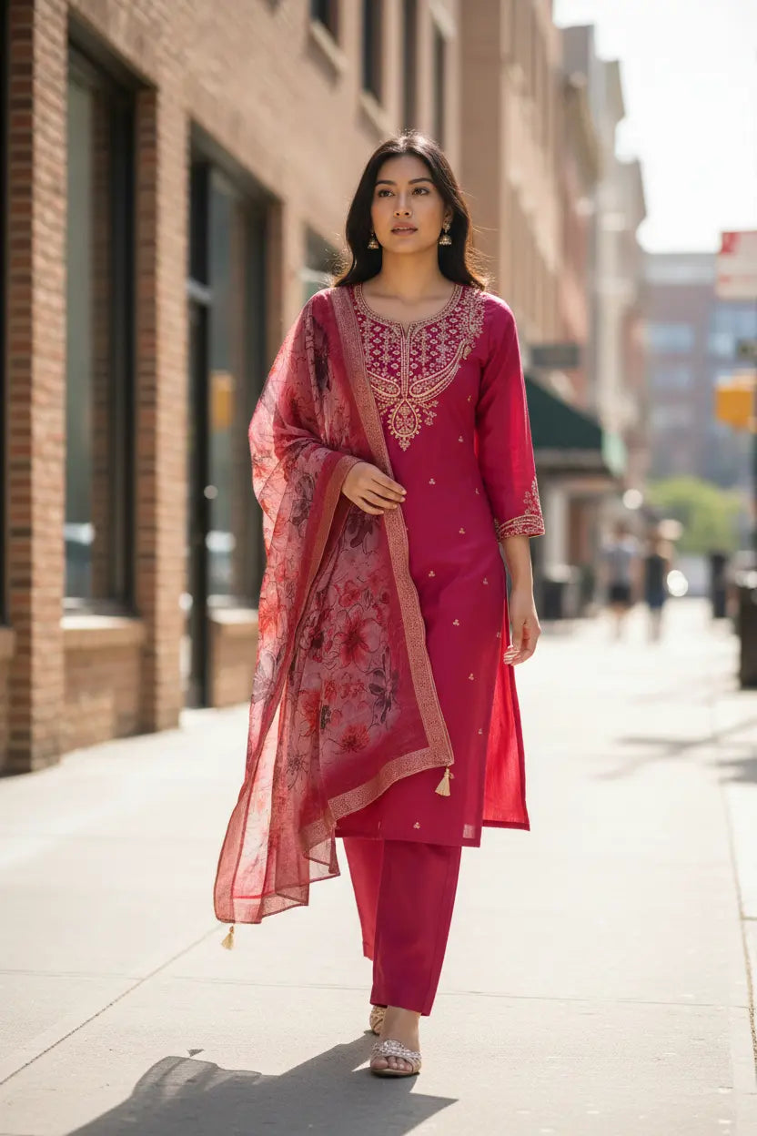 Women's Beautiful Chanderi Silk Fabric Embroidery Work Straight Kurta Pant and Dupatta Set