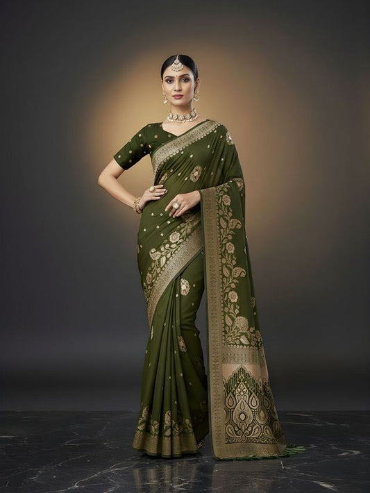 Green Color Ethnic Crepe Silk Fabric Woven Jacquard Designer Ceremonial Saree
