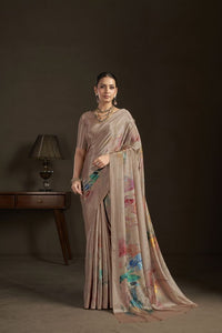 Beige Color Stylish Digital Printed Silk Crepe Fabric Saree For Trendy Looks
