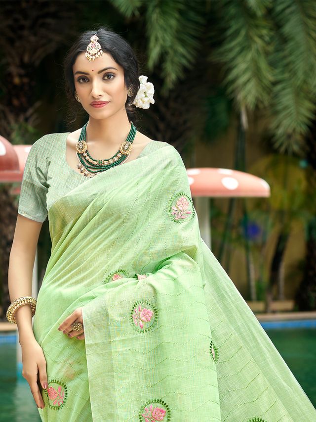Green Color Linen Fabric Woven Designer Saree With Floral Embroidered Work