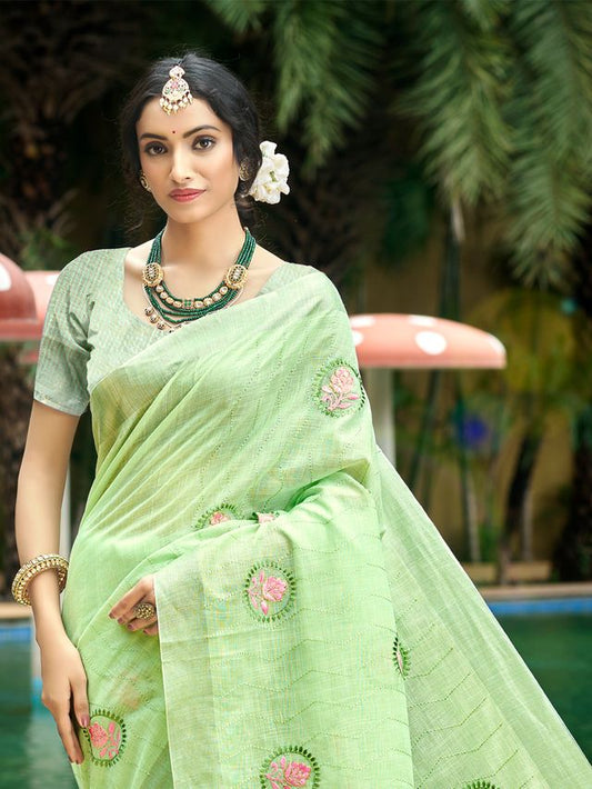 Green Color Linen Fabric Woven Designer Saree With Floral Embroidered Work