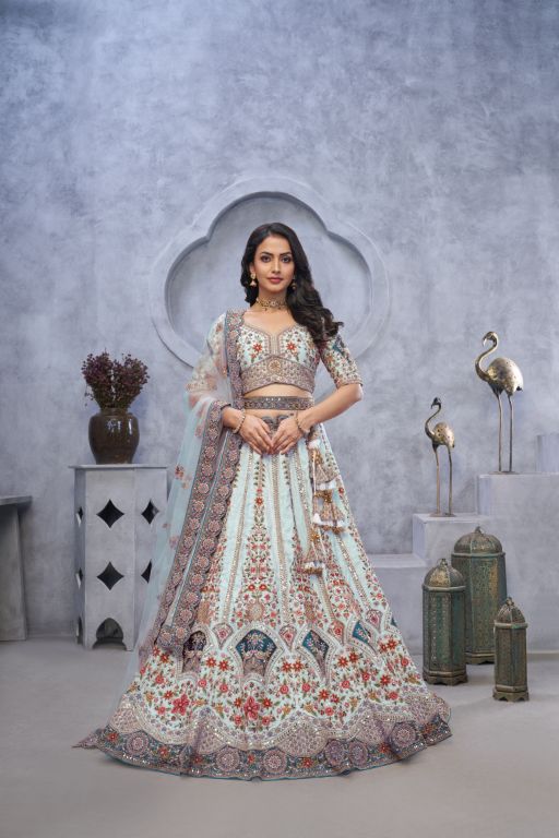 Stunning sky blue Lehenga with Zari Paisley Embroidery, Silk Patches, and Regal Peacock Motifs