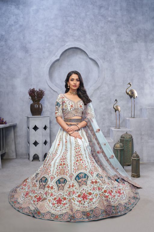 Stunning sky blue Lehenga with Zari Paisley Embroidery, Silk Patches, and Regal Peacock Motifs