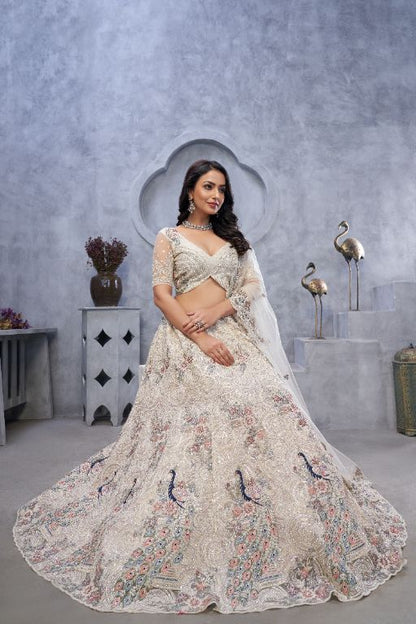 Alluring Bel Butti pattern Ivory Sangeet Lehenga Choli