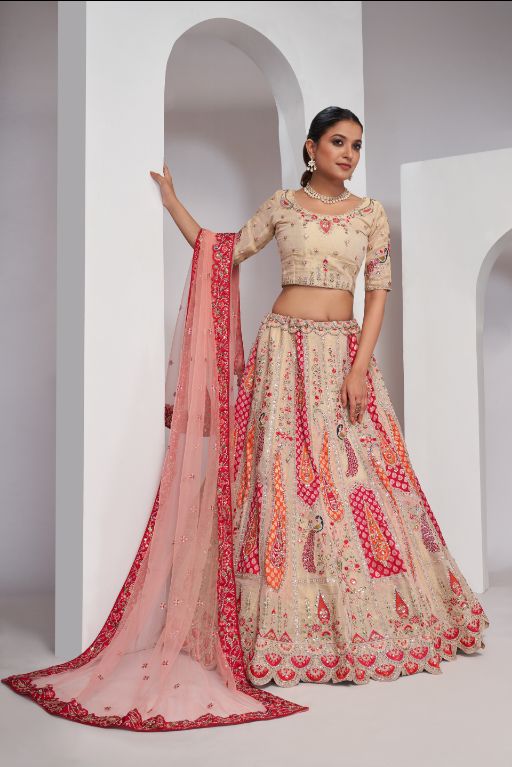 Paisely motifs beautiful peacock embroidered in Brigh Cream colours bridal lehenga choli set