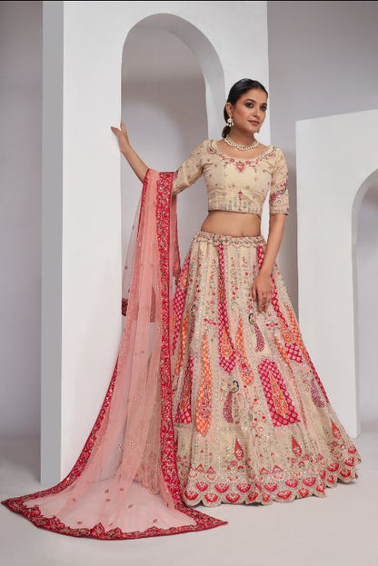 Paisely motifs beautiful peacock embroidered in Brigh Cream colours bridal lehenga choli set