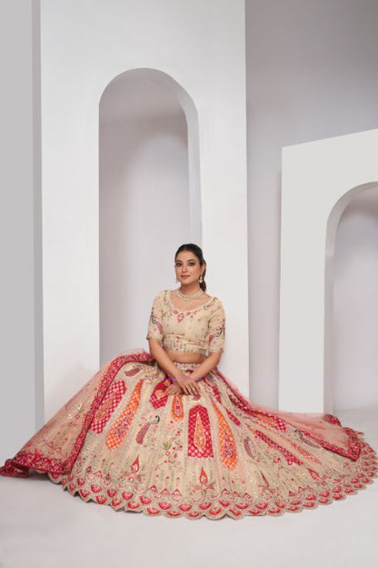 Paisely motifs beautiful peacock embroidered in Brigh Cream colours bridal lehenga choli set