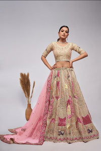 Ivory Orgenza Silk intricate paisley Motifs traditional embroidered wedding Lehenga.