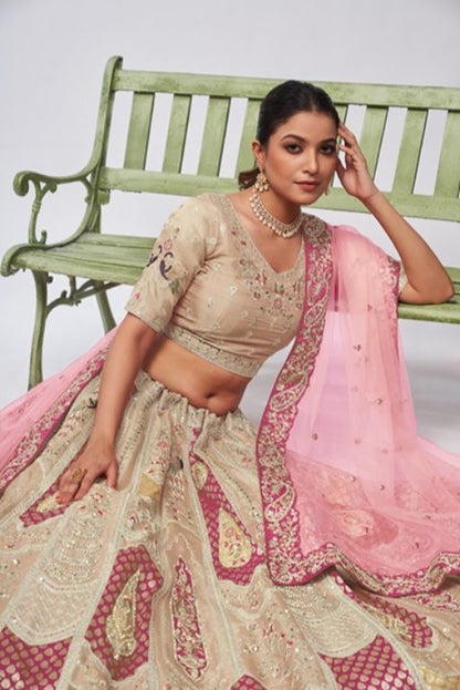 Ivory Orgenza Silk intricate paisley Motifs traditional embroidered wedding Lehenga.