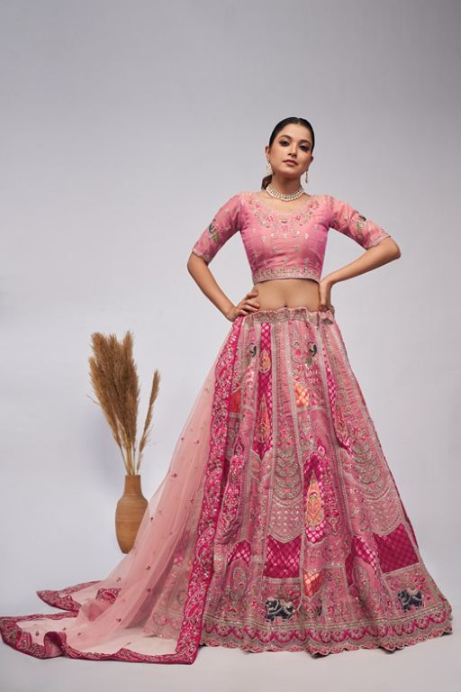 Pretty Pink Silk intricate paisley Motifs traditional embroidered wedding Lehenga.