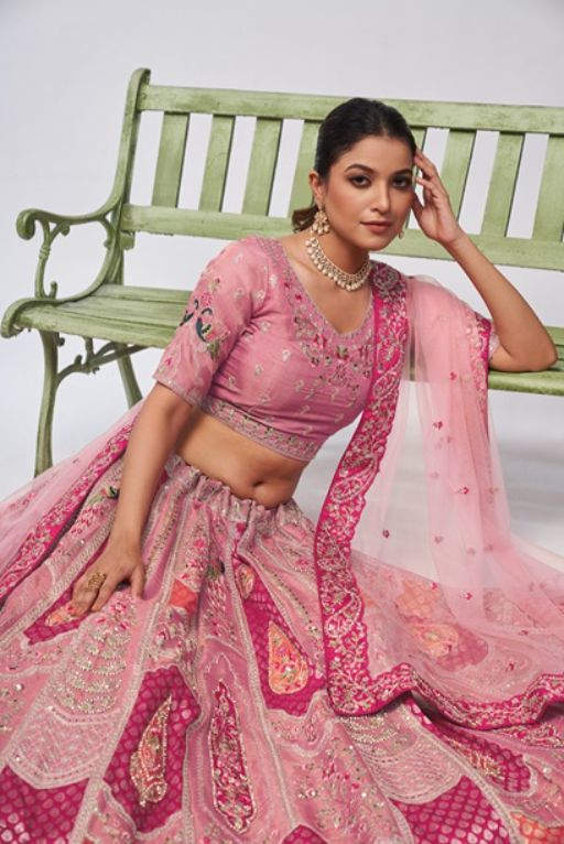 Pretty Pink Silk intricate paisley Motifs traditional embroidered wedding Lehenga.