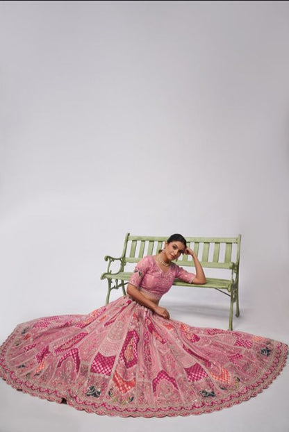 Pretty Pink Silk intricate paisley Motifs traditional embroidered wedding Lehenga.