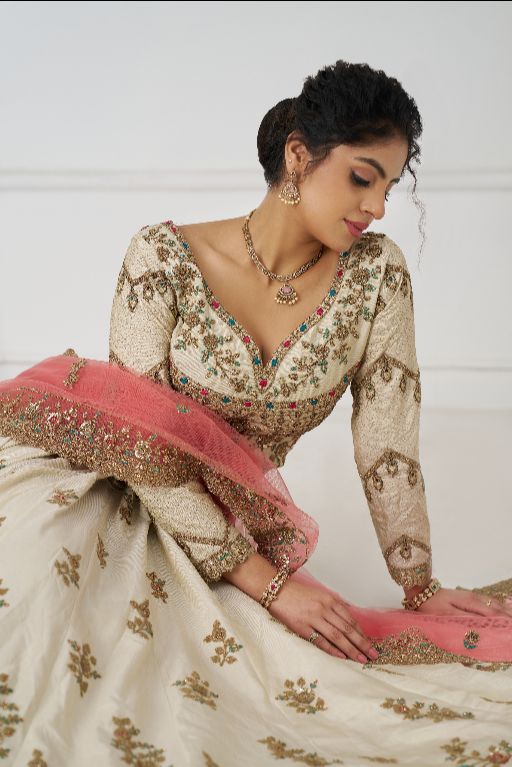 Amazing white Embroidered zari silk Designer bridal Lehenga
