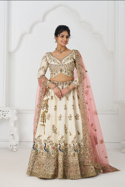 Amazing white Embroidered zari silk Designer bridal Lehenga