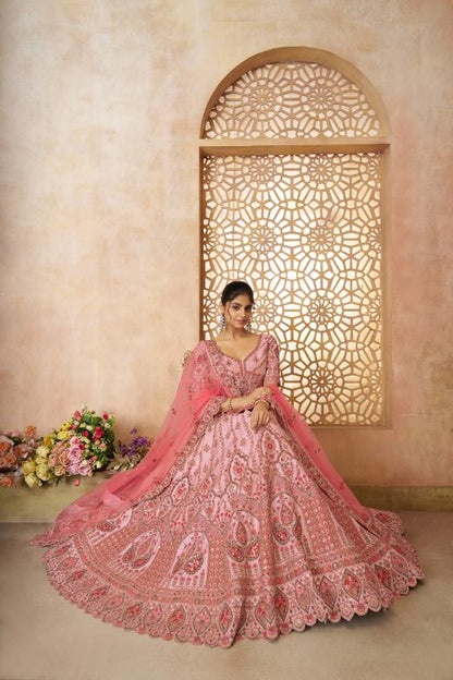 Adorable Pink silk Embroidery Wedding Wear Lehenga Choli