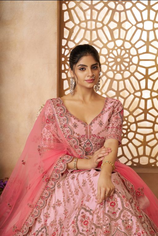 Adorable Pink silk Embroidery Wedding Wear Lehenga Choli