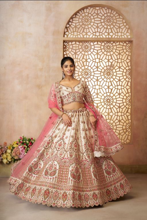 whimiscal white Imperial Patterned Embroidered Bridal Lehenga