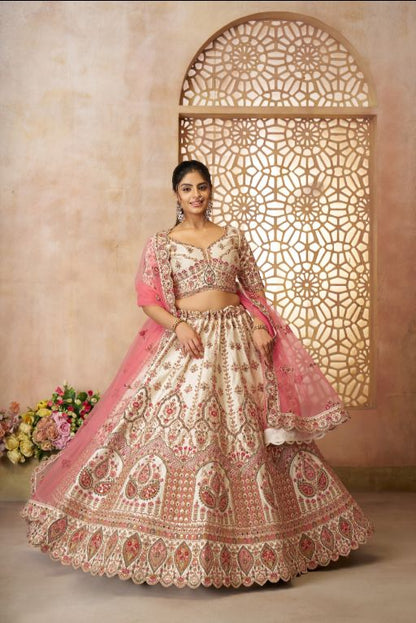 whimiscal white Imperial Patterned Embroidered Bridal Lehenga