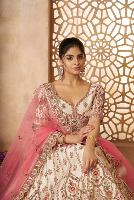 whimiscal white Imperial Patterned Embroidered Bridal Lehenga