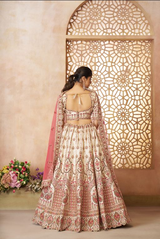 whimiscal white Imperial Patterned Embroidered Bridal Lehenga