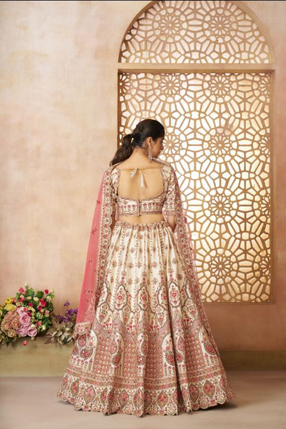 whimiscal white Imperial Patterned Embroidered Bridal Lehenga