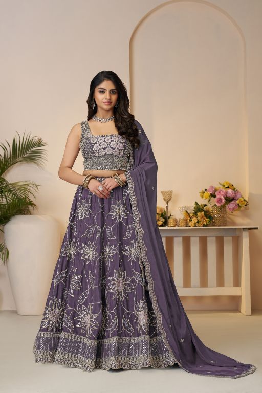 Celebrate in Color: Purple Zari sequins Work Bridal Lehenga for Haldi Ceremonies