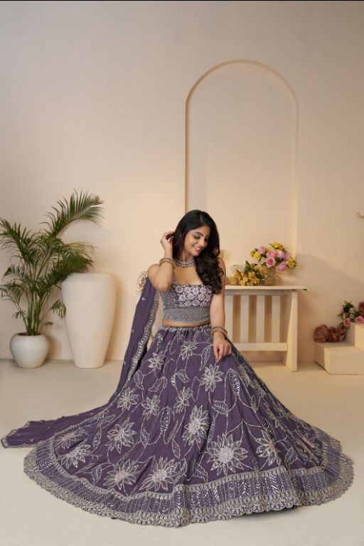 Celebrate in Color: Purple Zari sequins Work Bridal Lehenga for Haldi Ceremonies
